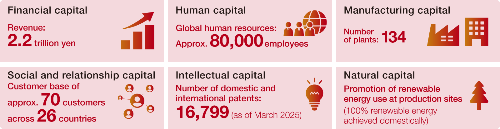 Financial capital: ¥2.2 trillion in net sales. Human capital: approximately 80,000 global human resources. Manufacturing capital: 134 plants. Social and relationship capital: a customer base of about 70 companies across 26 countries. Intellectual capital: 16,799 domestic and international patents. Natural capital: promotion of renewable energy use at production sites (100% renewable energy achieved domestically).