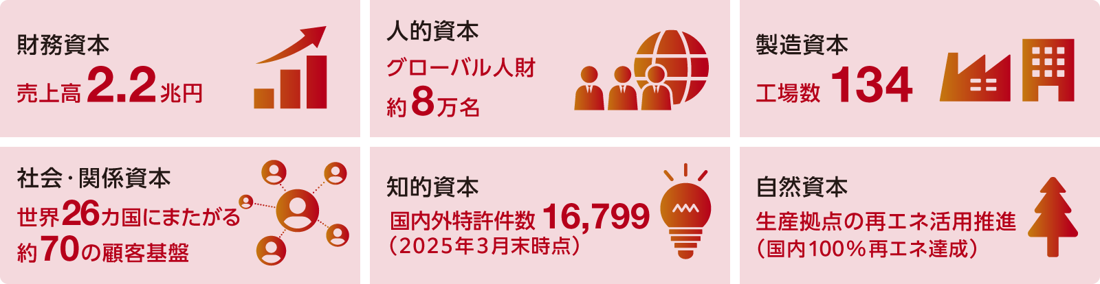 財務資本：売上高2.2兆円、人的資本：グローバル人財約8万名、製造資本：工場数134、社会・関係資本：世界26カ国にまたがる約70の顧客基盤、知的資本：国内外特許件数16,799、自然資本：生産拠点の再エネルギー活用推進（国内100%再エネ達成）